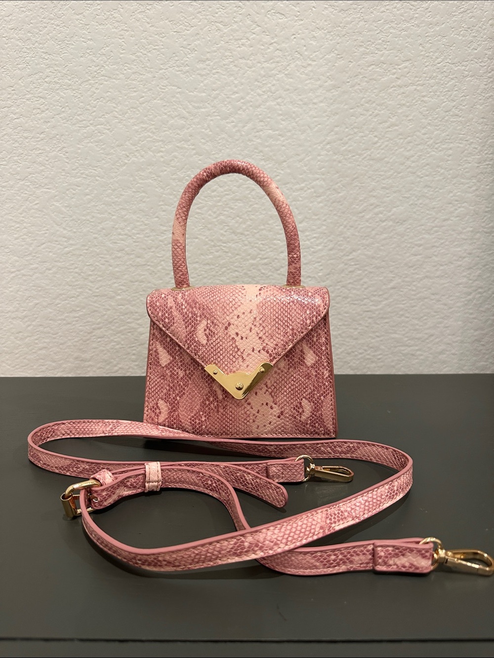 Pink Snake-Print Top Handle Crossbody Bag